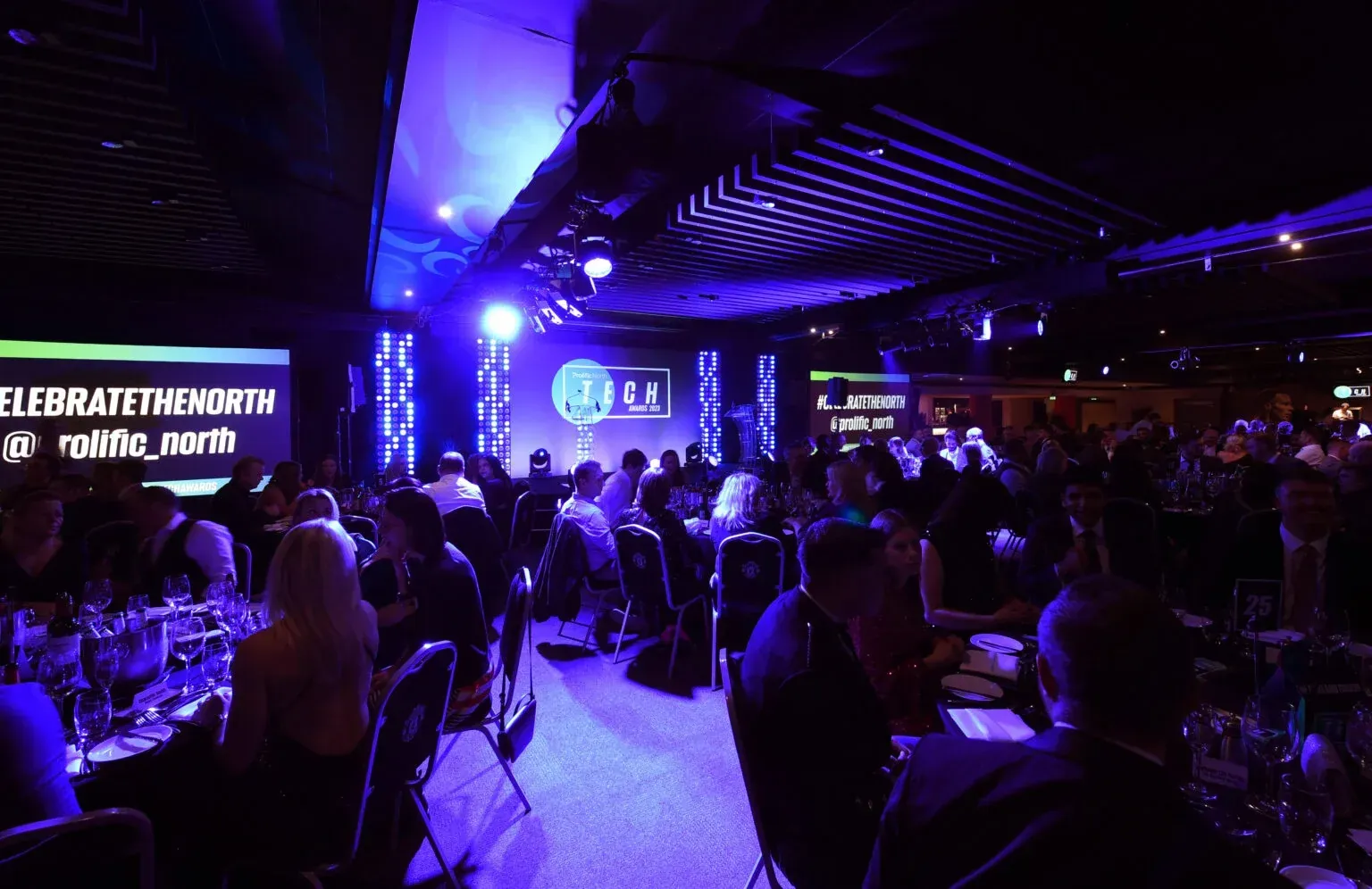 A packed, purple-lit awards ceremony at the Prolific North Tech Awards