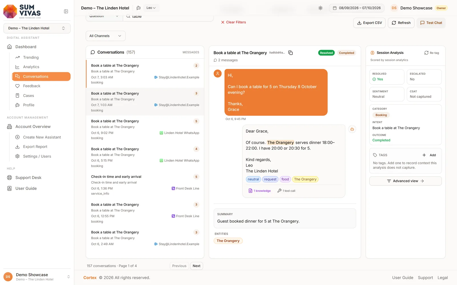 Cortex conversation view: a customer booking, with each action recorded (demo account)