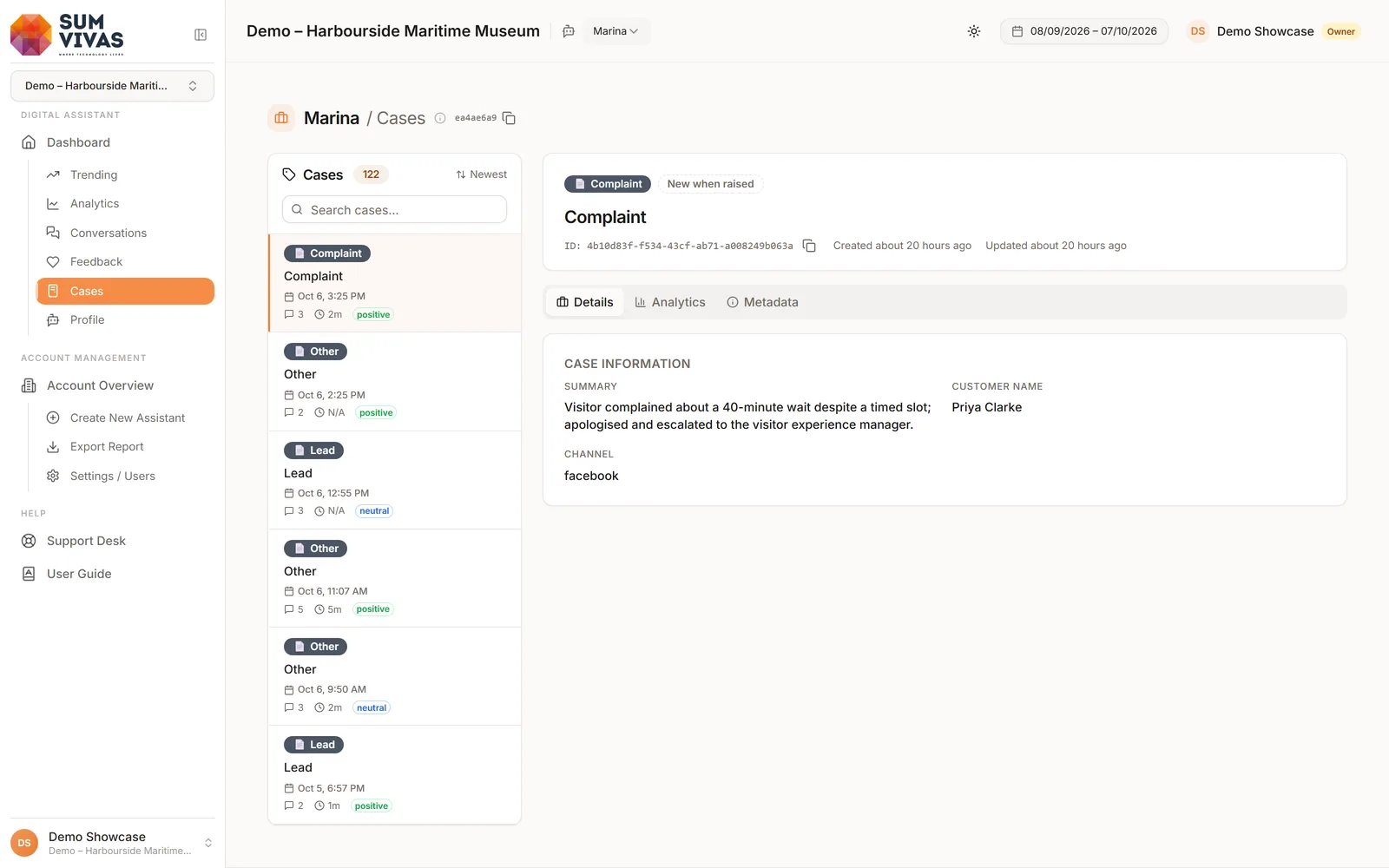 Cortex cases view: captured requests, each with its summary and channel (demo account)